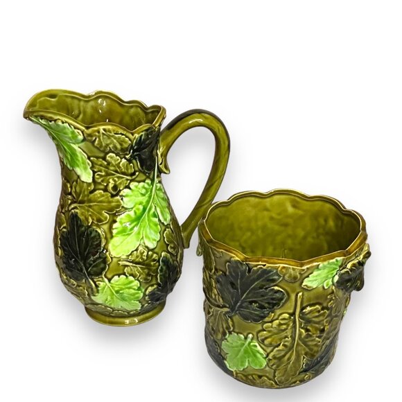 Mid-Century Modern Green Leaf Inspired Majolica Ceramic Pitcher & Planter RARE - Picture 3 of 11
